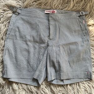 Orlebar Brown Bulldog Loma Stripe Ice Blue Cloud Bathing Suit Shorts NWT Size 33